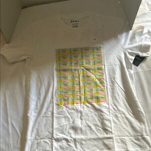 DKNY White and Yellow Short Sleeve Tee with Graphic Design